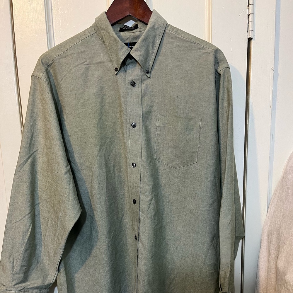 Mens XL Button Up Gray Green Oxford Dress Shirt By Statements Preloved Fashion